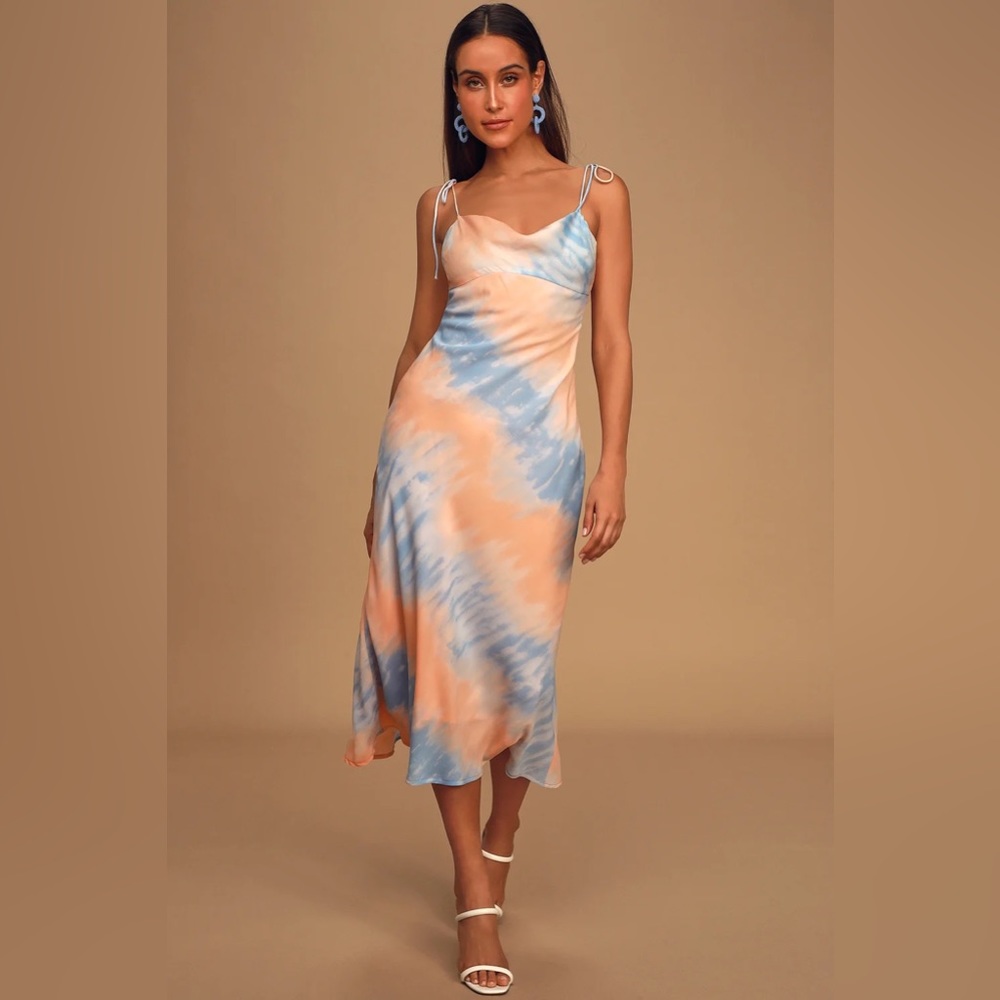 Lulu’s Sweet Sunsets Blue and Orange Tie-Dye Tie-Strap Midi Slip Dress